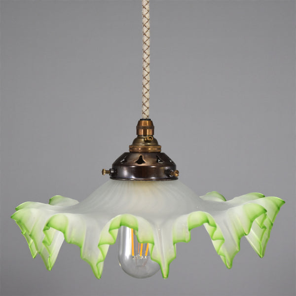 1950s French ice crystal design glass pendant light with green edge