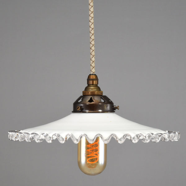 French 1950s coolie pendant light shade in white with clear glass crimped edge