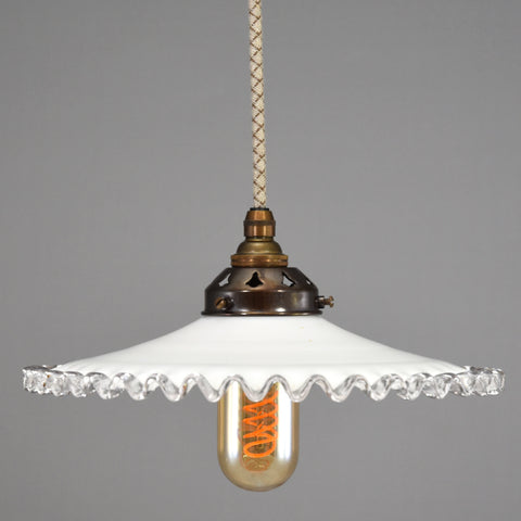 French 1950s coolie pendant light shade in white with clear glass crimped edge