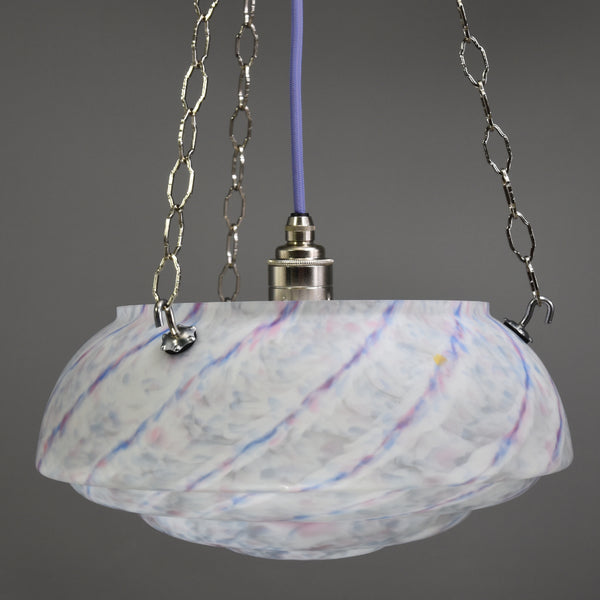 Vintage flycatcher glass bowl ceiling light with magenta and blue diagonal lines