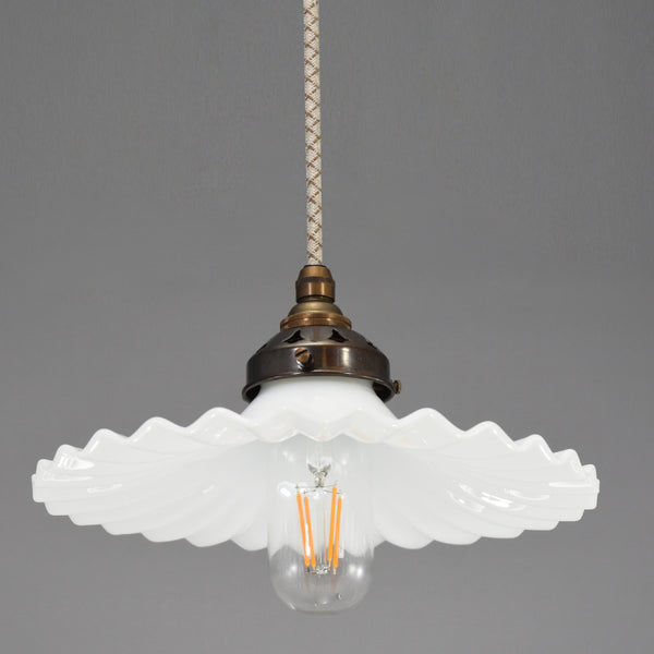 1950s French fan edge opaline glass pendant ceiling light