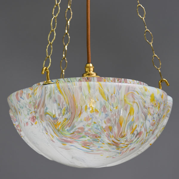 Art Deco flycatcher glass bowl ceiling light with multi-colour marbled design