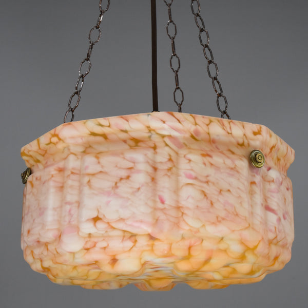 Extra large Art Deco orange flakestone flycatcher glass bowl ceiling light with nine panelled sides