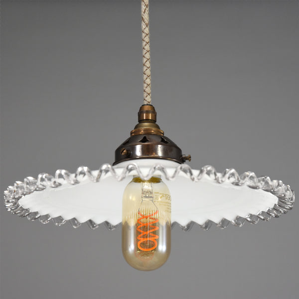 French 1950s coolie pendant light shade in white with clear glass crimped edge