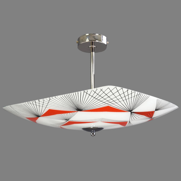 1950s-1960s Napako Mid-Century Modern semi-flush/fixed ceiling light with bold red and black geometric patterning on a white glass background