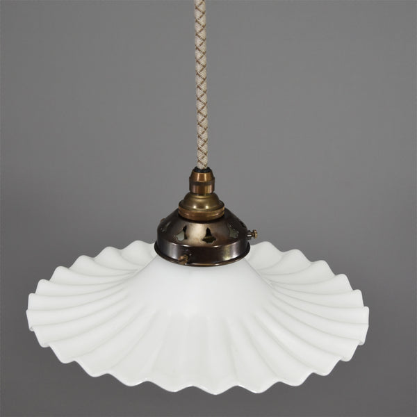 1950s French fan edge opaline glass pendant ceiling light