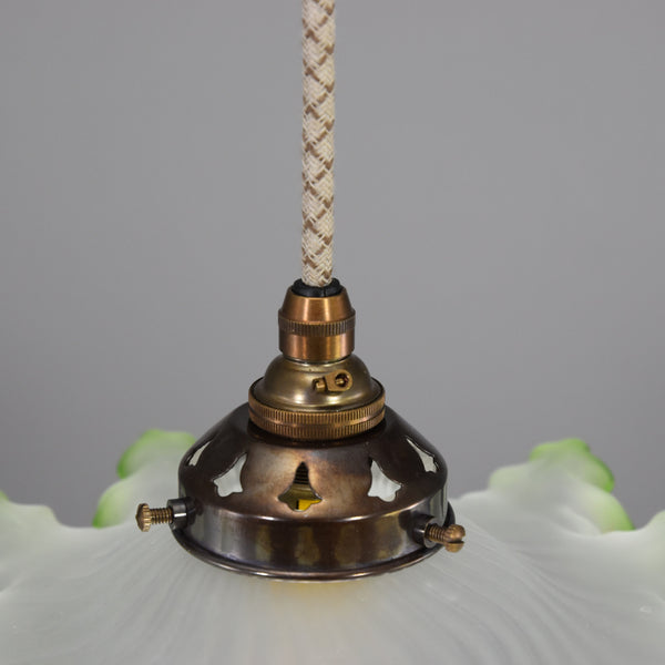 1950s French ice crystal design glass pendant light with green edge