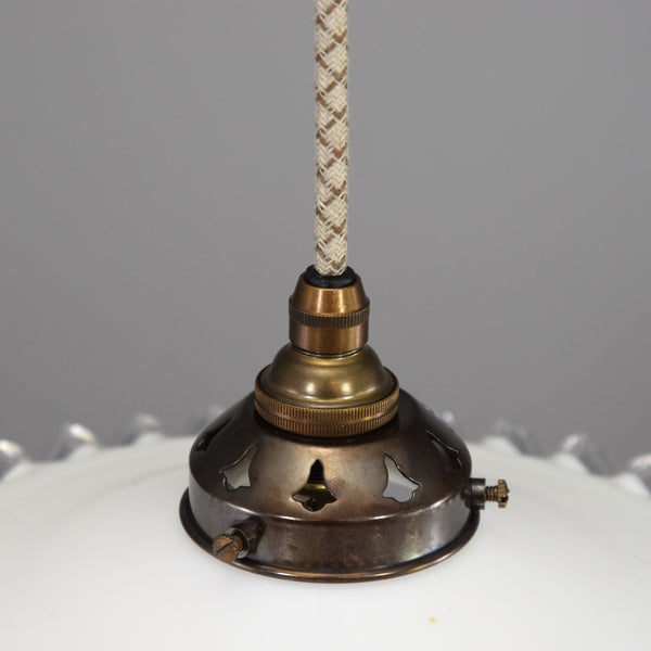 French 1950s coolie pendant light shade in white with clear glass crimped edge