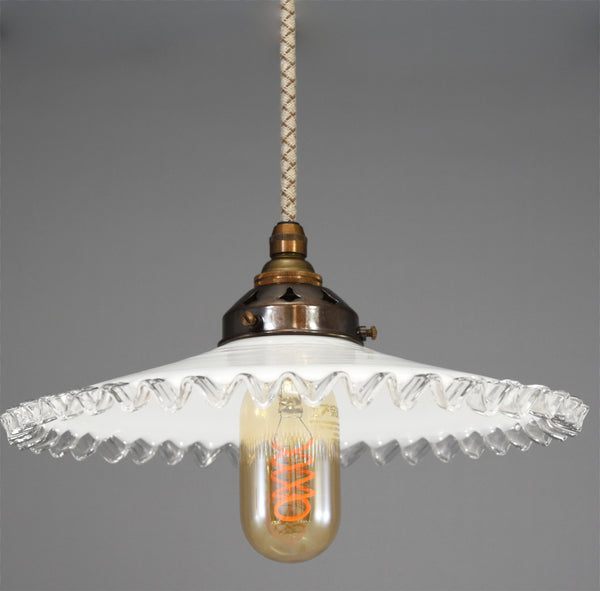 French 1950s coolie pendant light shade in white with clear glass pie crust edge