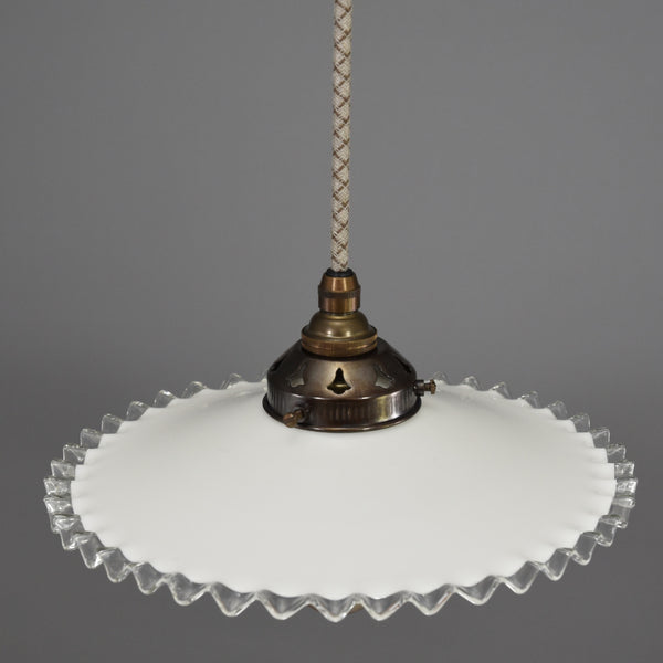 French 1950s coolie pendant light shade in white with clear glass wavy edge