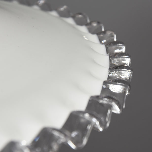 French 1950s coolie pendant light shade in white with clear glass crimped edge