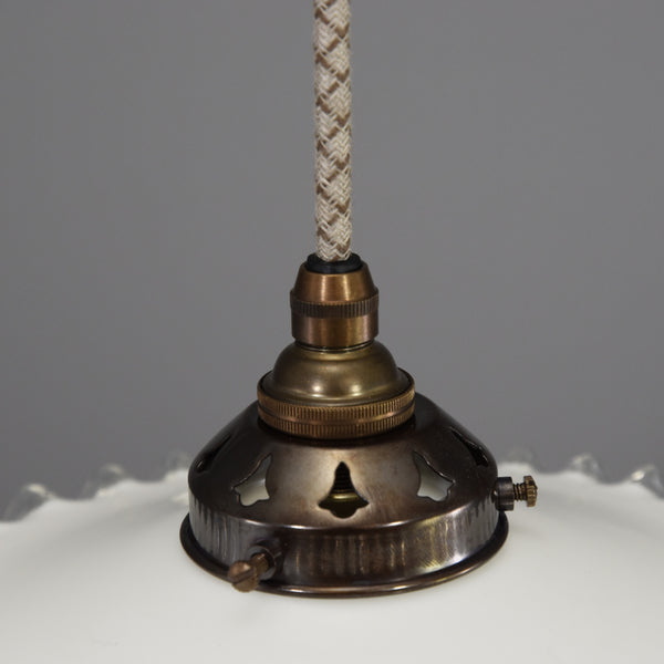 French 1950s coolie pendant light shade in white with clear glass wavy edge
