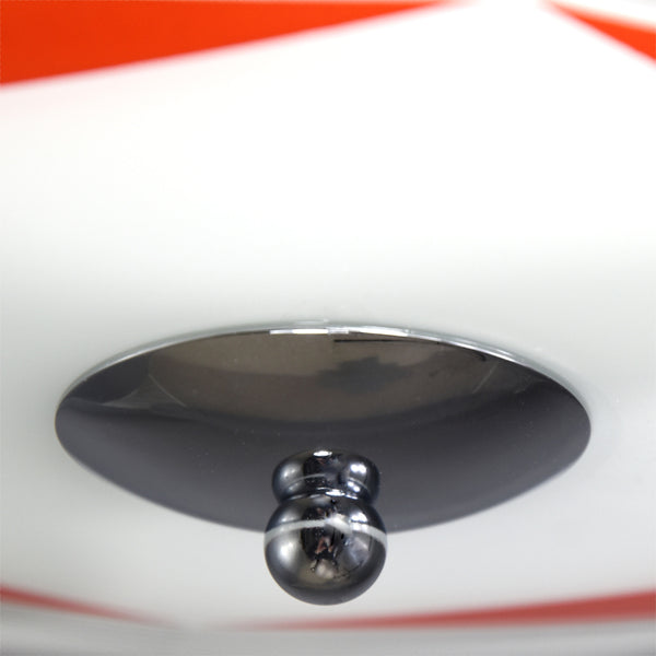 1950s-1960s Napako Mid-Century Modern semi-flush/fixed ceiling light with bold red and black geometric patterning on a white glass background