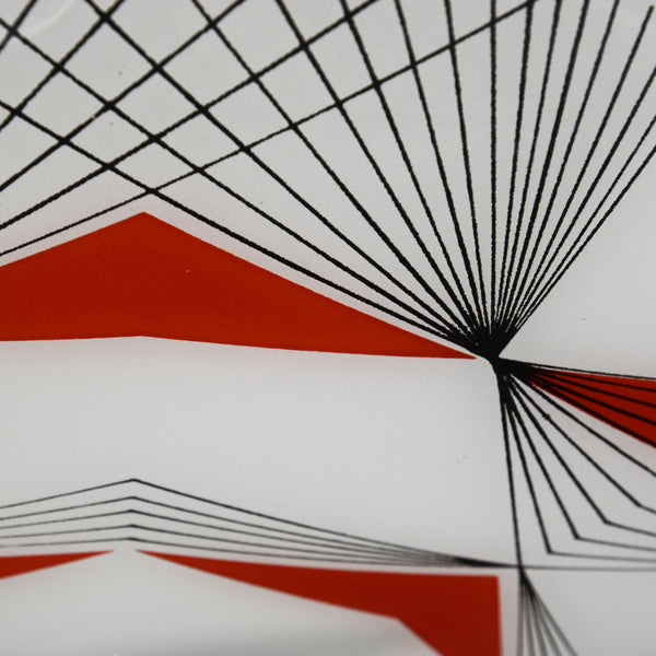 1950s-1960s Napako Mid-Century Modern semi-flush/fixed ceiling light with bold red and black geometric patterning on a white glass background