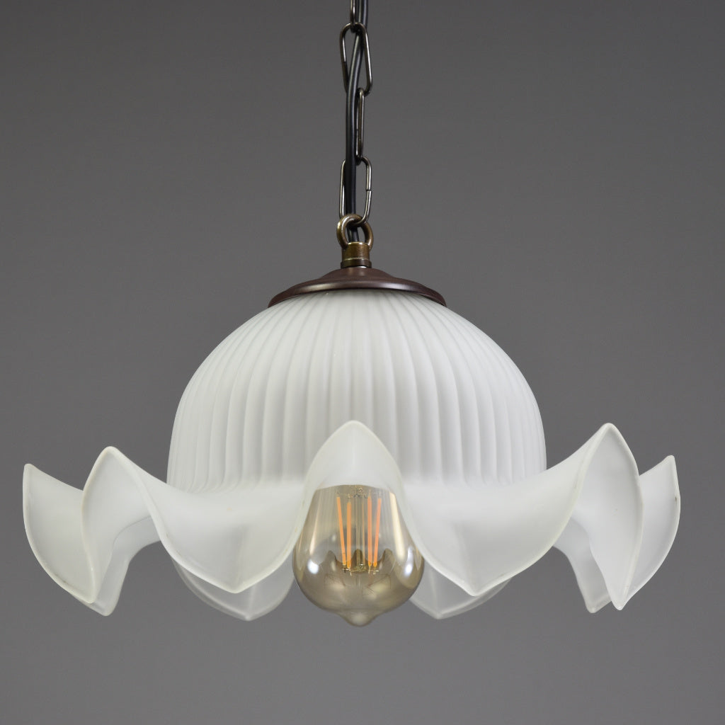 1950s Lovely French wavy edged opaque glass pendant light fitting with it