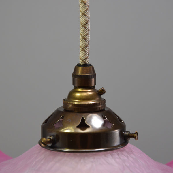 1950s French frilly-edged deep pink glass pendant light 