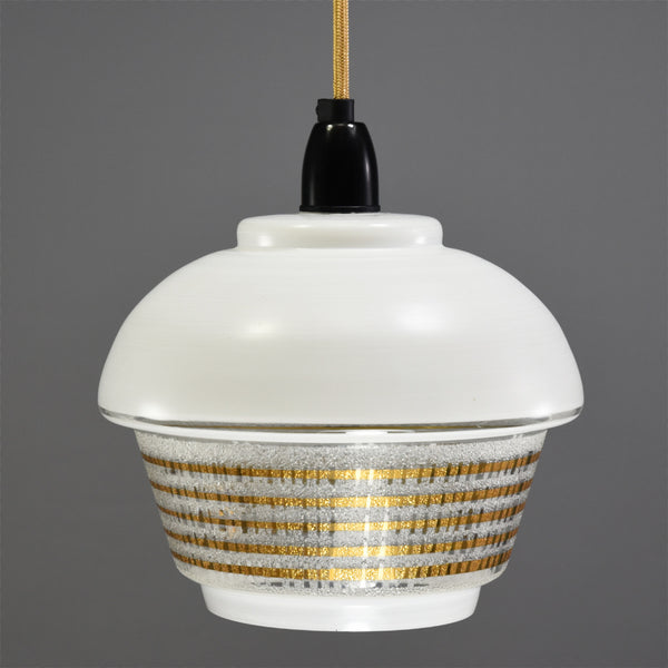 1950s white glass ceiling light with white top, clear base and gold stripes