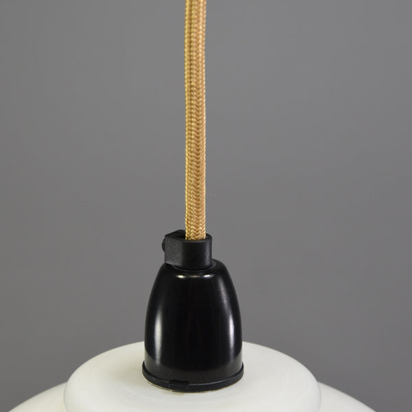 1950s white glass ceiling light with white top, clear base and gold stripes