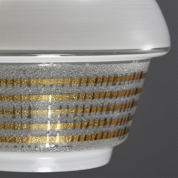 1950s white glass ceiling light with white top, clear base and gold stripes