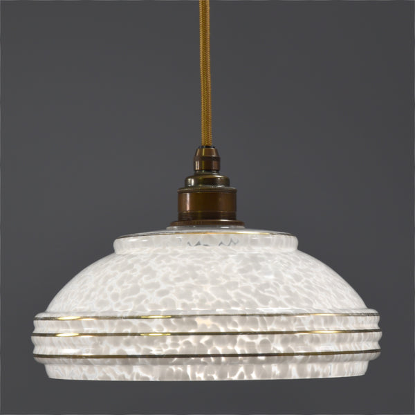 Pair of vintage 1950s-1960s glass pendant lights with white flakestone pattening and gold bands