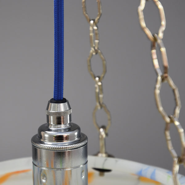1930s-1950s flycatcher hanging bowl ceiling light with marbling in blue, green and orange