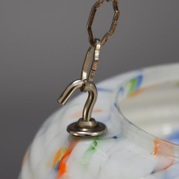 1930s-1950s flycatcher hanging bowl ceiling light with marbling in blue, green and orange