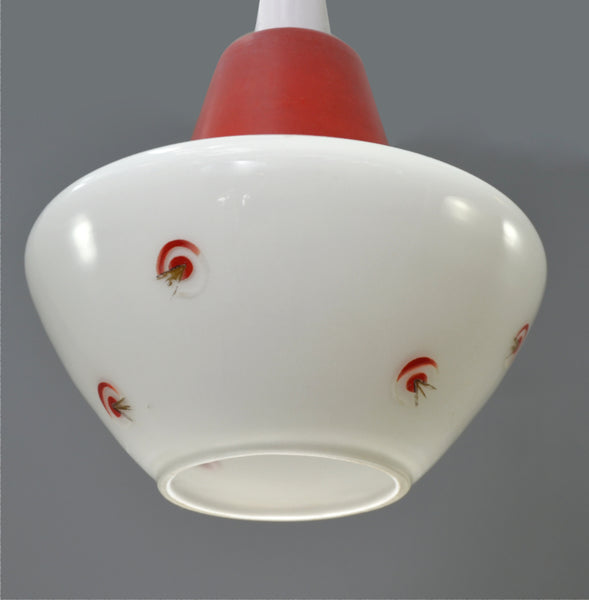 1950s small red topped white glass Ceiling Light with atomic motif