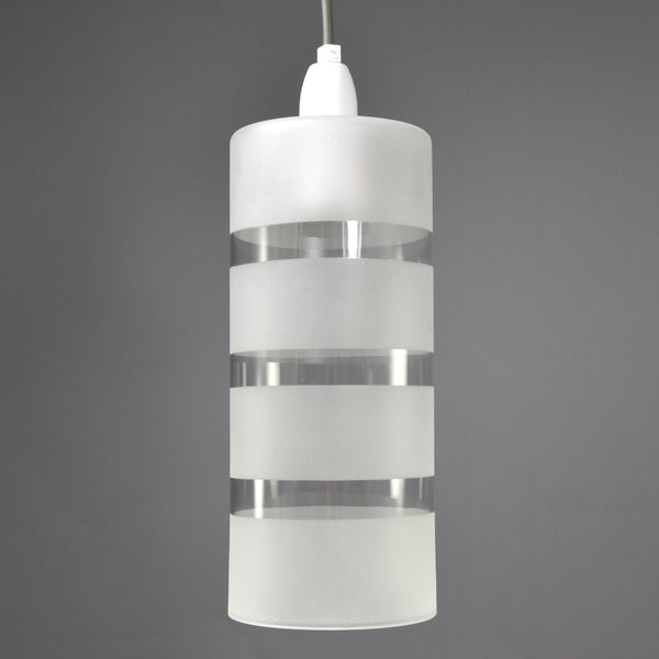 Pair of tall 1970s clear glass pendant lights with frosted banding