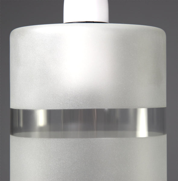Pair of tall 1970s clear glass pendant lights with frosted banding