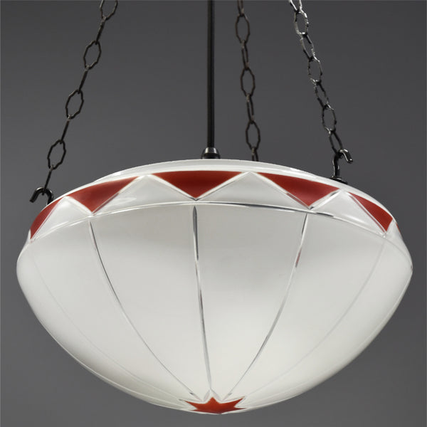 Large classic Art Deco Glass Flycatcher ceiling light with red diamond motif 