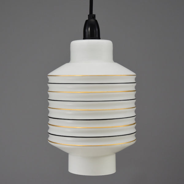 1960s white ribbed glass ceiling pendant light with gold and black lines