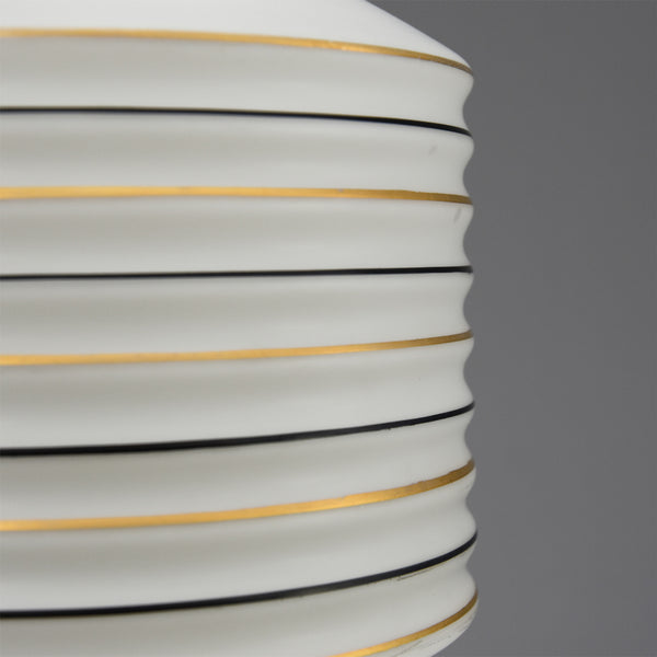 1960s white ribbed glass ceiling pendant light with gold and black lines