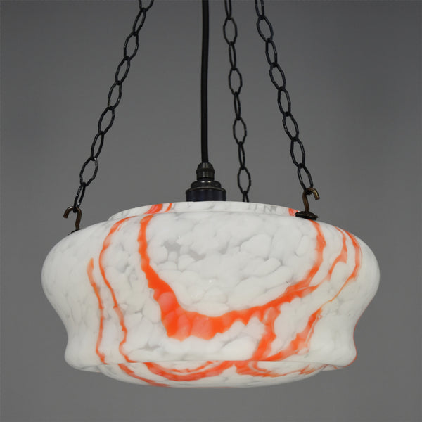 Art Deco white marbled glass flycatcher ceiling light with orange patterning