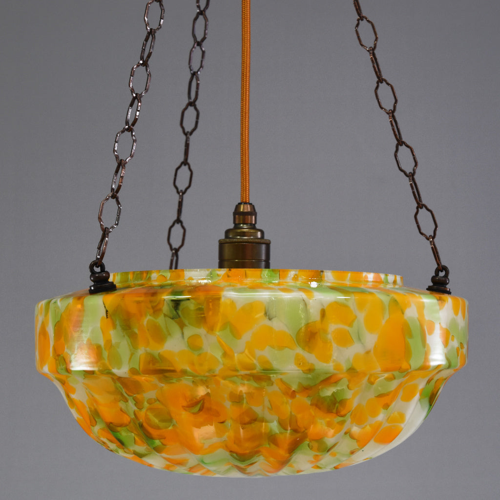 1920s-1940s flycatcher glass bowl ceiling light with orange and green marbling