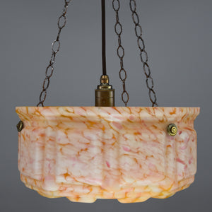 Extra large Art Deco orange flakestone flycatcher glass bowl ceiling light with nine panelled sides