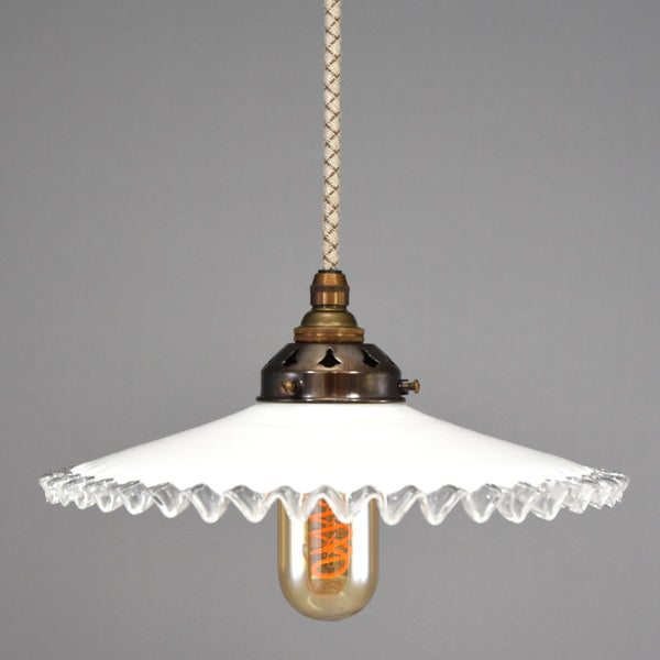 French 1950s coolie pendant light shade in white with clear glass pie crust edge