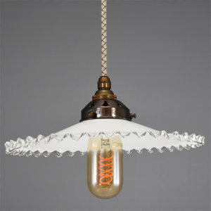 French 1950s coolie pendant light shade in white with clear glass wavy edge