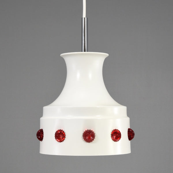 A pair of Mid-Century Modern 1960s classic Danish white metal pendant lights with red acrylic gems