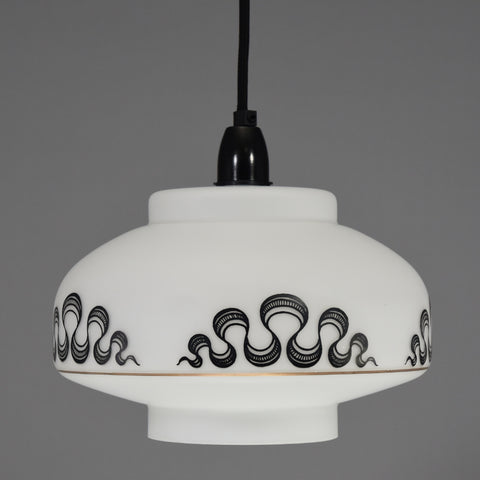 Mid-Century Modern 1960s white glass ceiling light with black scroll work patterning