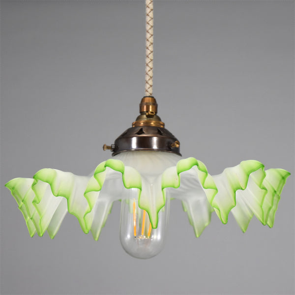 1950s French ice crystal design glass pendant light with green edge