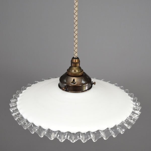 French 1950s coolie pendant light shade in white with clear glass pie crust edge