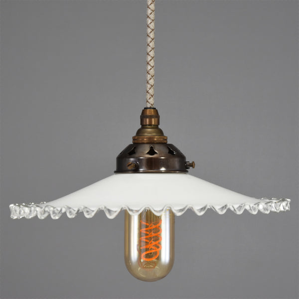 French 1950s coolie pendant light shade in white with clear glass wavy edge