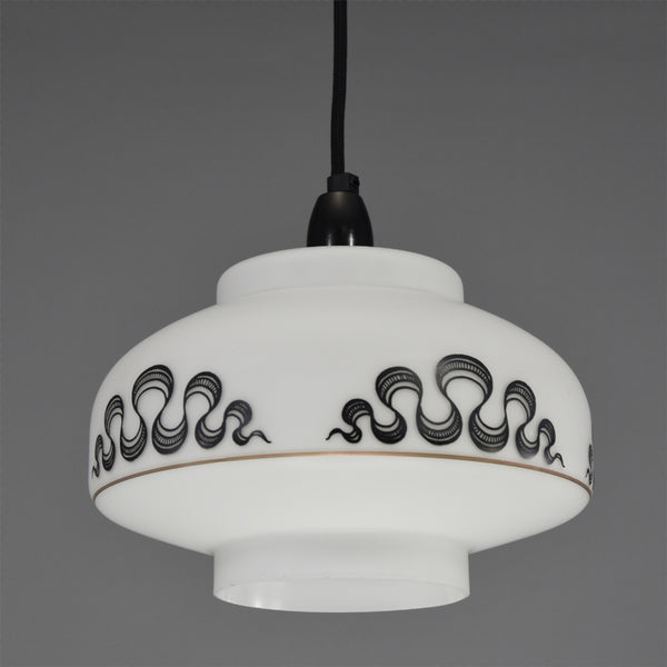 Mid-Century Modern 1960s white glass ceiling light with black scroll work patterning