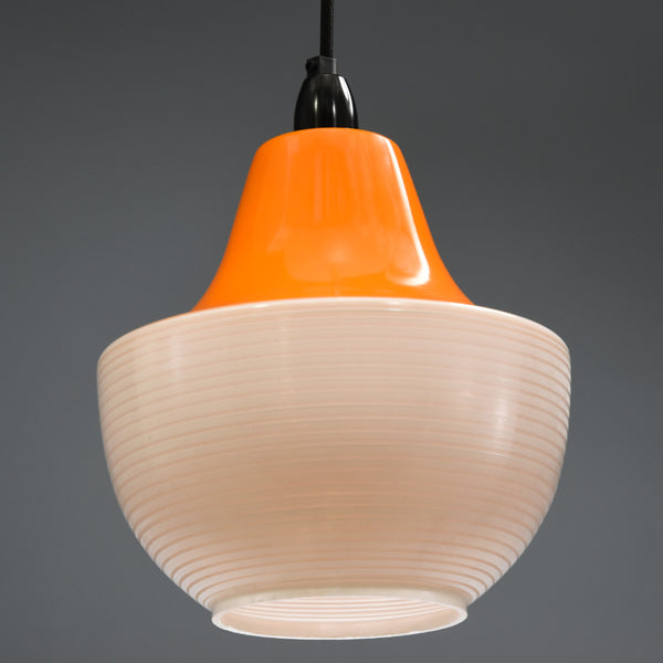 Mid-Century white ribbed ceiling light with orange top