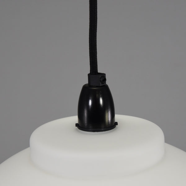 Mid-Century Modern 1960s white glass ceiling light with black scroll work patterning