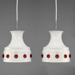 A pair of Mid-Century Modern 1960s classic Danish white metal pendant lights with red acrylic gems