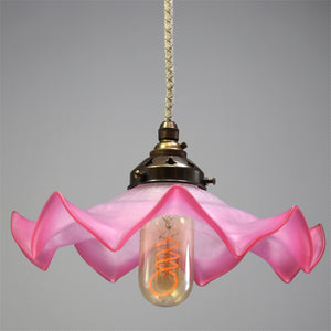 1950s French frilly-edged deep pink glass pendant light 
