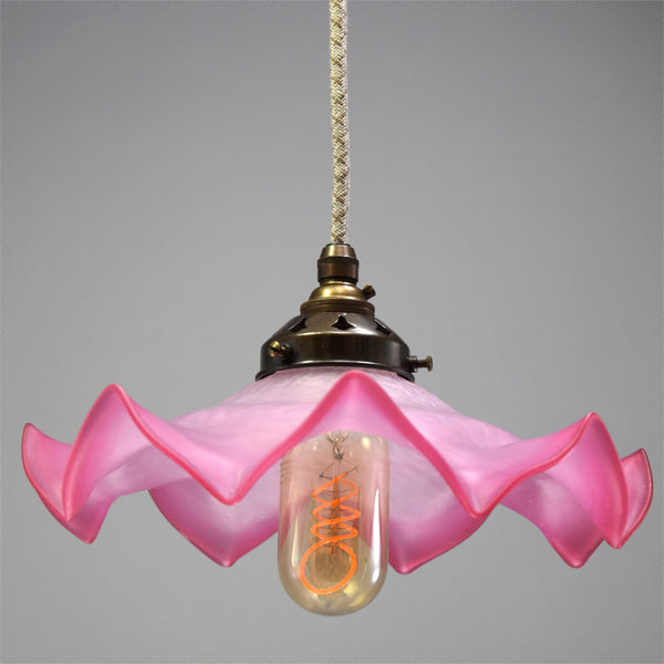 1950s French frilly-edged deep pink glass pendant light 