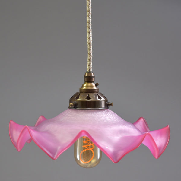 1950s French frilly-edged deep pink glass pendant light 