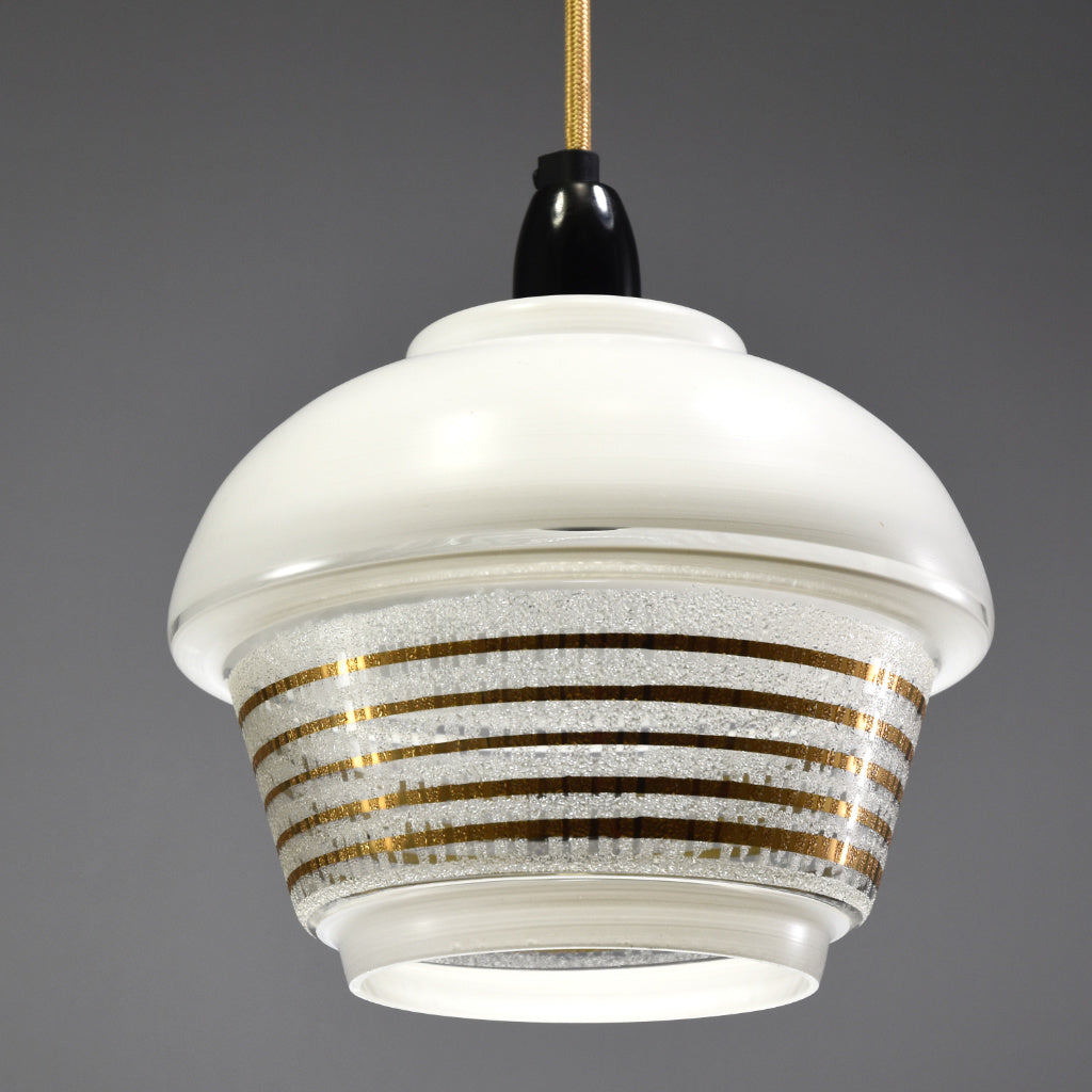 1950s white glass ceiling light with white top, clear base and gold stripes